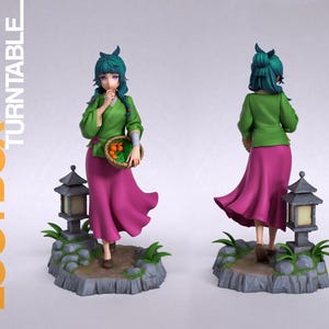 May include: A figurine of a woman in a green jacket and pink skirt, holding a basket of oranges. The figure has teal hair and is standing on a stone base with a Japanese lantern. The text "LOOTBOX TURNTABLE" is on the left.