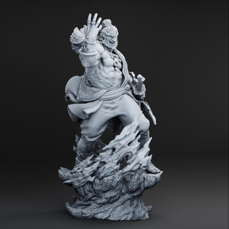May include: A detailed gray figurine of a warrior in a dynamic pose, standing on a rocky base with flame-like accents. The warrior is clad in ornate clothing and has a fierce expression, with one hand raised and the other holding a weapon.