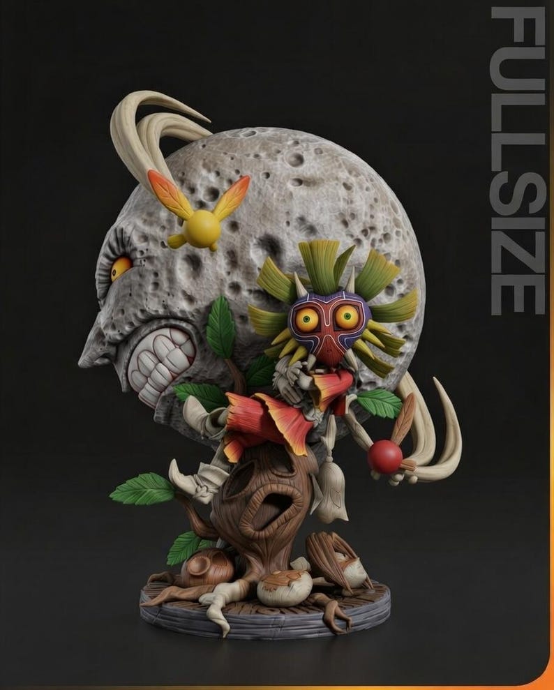 May include: A detailed statue featuring a moon-like face with a menacing expression, adorned with a mask and a small yellow creature. The statue has a tree-like base with green leaves and a red sphere. The word "FULLSIZE" is printed vertically.