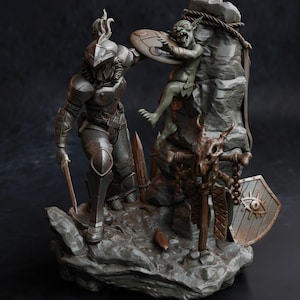 May include: A detailed sculpture depicting a knight in full armor facing off against a goblin. The knight holds a sword, while the goblin clings to a rock formation. The sculpture features intricate details and a dark, weathered finish, suggesting a fantasy theme.