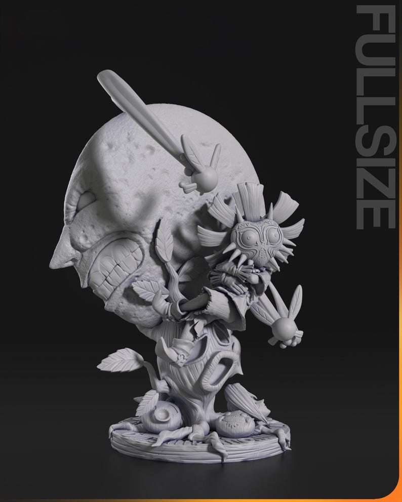 May include: A detailed, gray sculpture of a character from a video game. The sculpture features a large, moon-like face with a menacing expression, a mask, and a tree-like base. The word "FULLSIZE" is printed vertically on the right side.