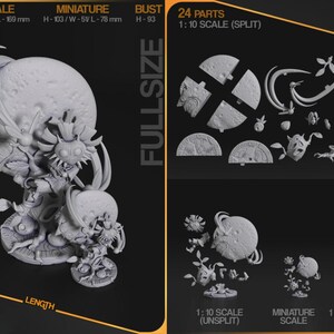 May include: A detailed, gray 3D model of a fantasy creature with multiple parts, including a large planet-like head and smaller figures. The image includes measurements in inches and millimeters, and the text "FULLSIZE".