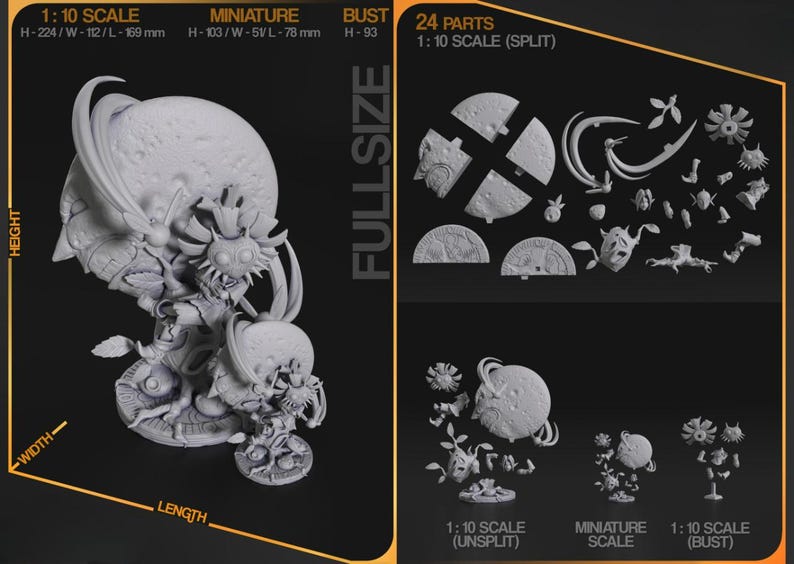May include: A detailed, gray 3D model of a fantasy creature with multiple parts, including a large planet-like head and smaller figures. The image includes measurements in inches and millimeters, and the text "FULLSIZE".