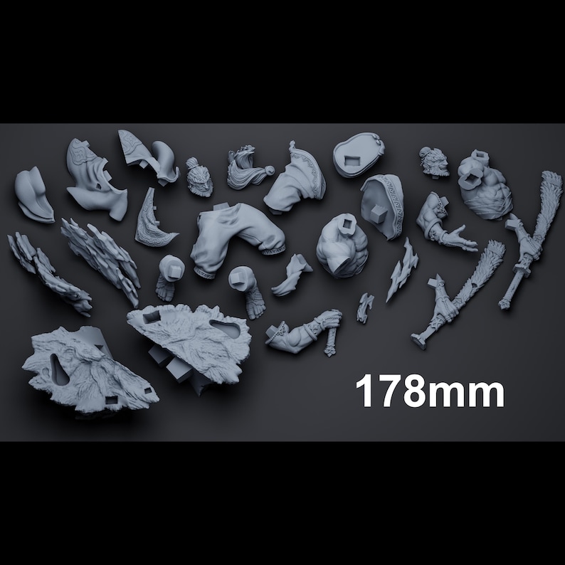 May include: A collection of gray 3D-printed model parts, including clothing, limbs, and accessories, arranged on a dark surface. The text "178mm" is displayed in white, indicating the model's size, approximately 7 inches.