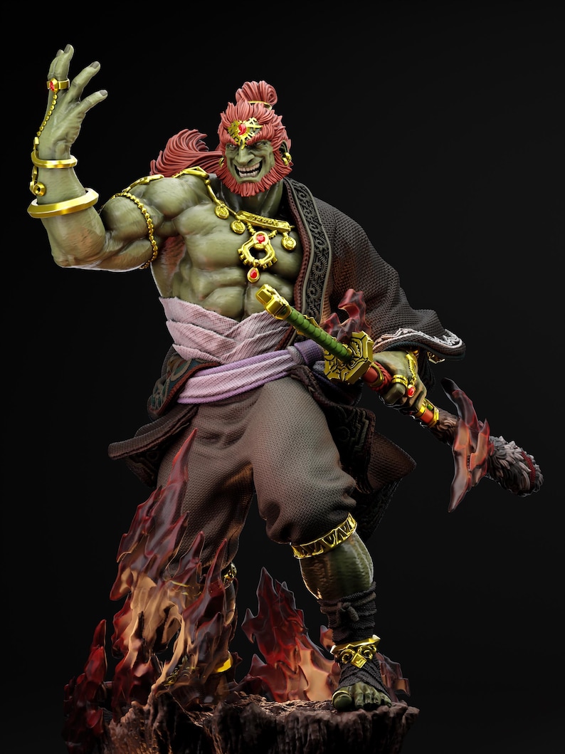 May include: A detailed figurine of a muscular, green-skinned character with red hair and a beard, wearing dark clothing and gold jewelry. The figure holds a sword and stands on a base with flames. The character has a fierce expression.