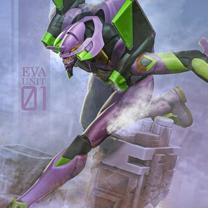 Può includere: Illustrazione dinamica di un robot mecha viola, verde e nero in posa da battaglia. Il robot è etichettato "EVA UNIT 01 TEST TYPE" in testo bianco. Il robot è posizionato su una struttura in pietra.