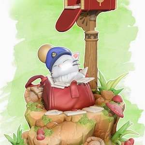 May include: A charming figurine of a white cat in a blue hat, asleep in a red mailbag. A red postbox is behind the cat, with letters visible. The scene is set on a rocky base with green plants and mushrooms.