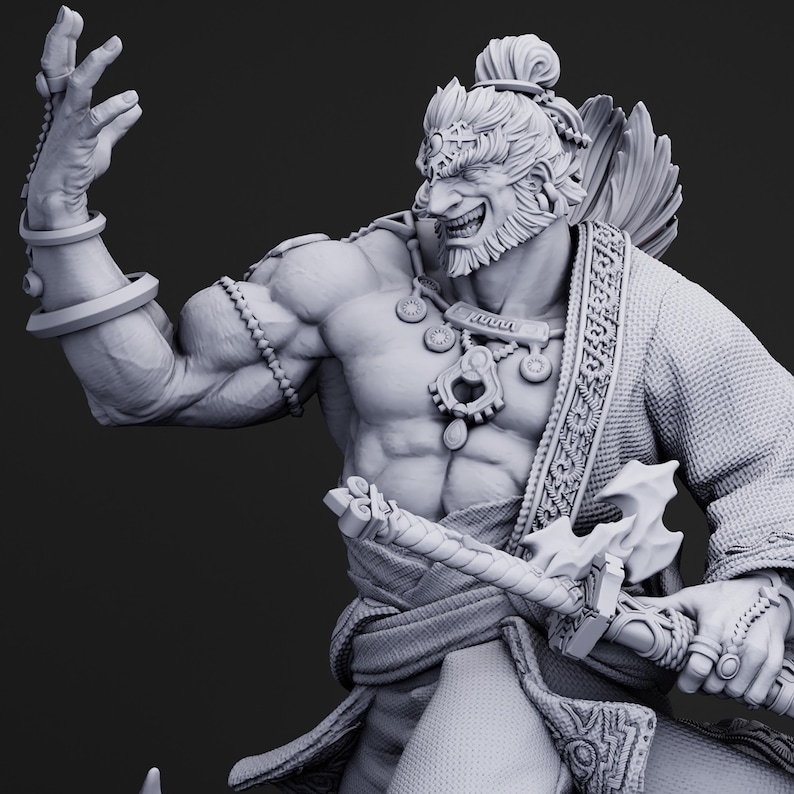 May include: A detailed grayscale sculpture of a muscular warrior with a fierce expression. The figure is adorned with intricate jewelry, a patterned robe, and a weapon. The warrior's pose is dynamic, with one arm raised and the other holding the weapon.
