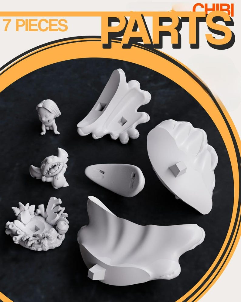 May include: Seven white 3D-printed chibi parts are arranged on a dark surface. The parts include a small figure, a character with large ears, and several abstract shapes. The word "PARTS" is displayed in large, bold letters.