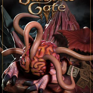 Op de afbeelding: Een digitale illustratie met de tekst "Baldur's Gate" in gouden letters. De afbeelding toont een grotesk wezen met een hersenachtig hoofd, tentakels en klauwachtige handen, in tinten roze, rood en bruin.