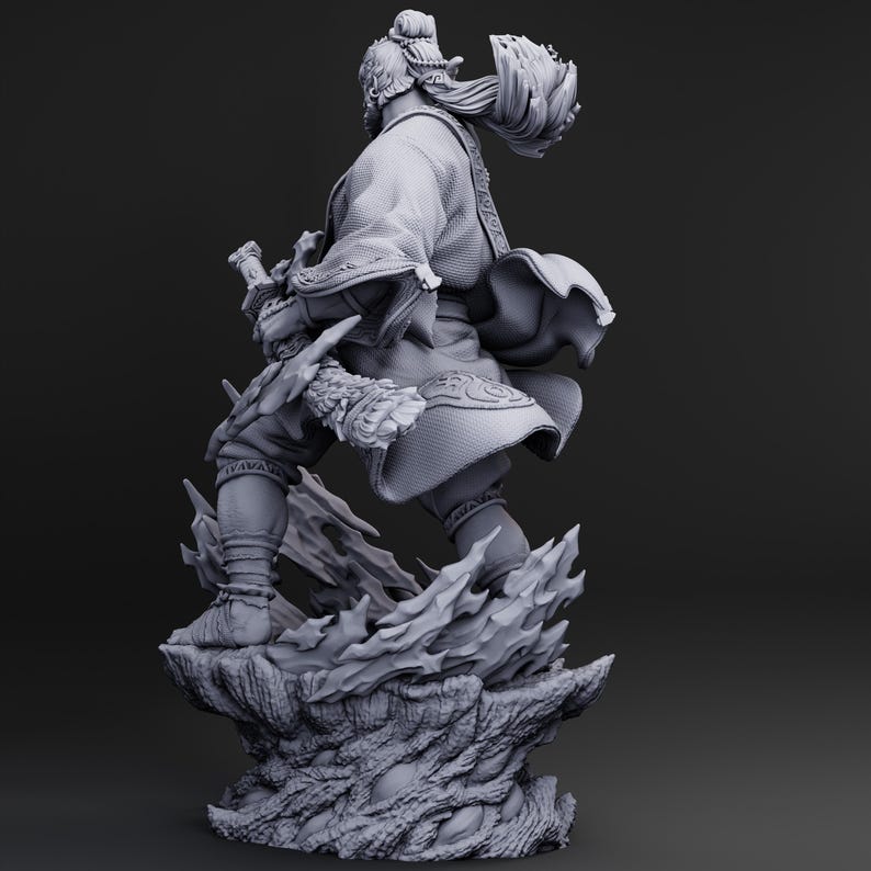 May include: A detailed, gray figurine of a warrior in traditional garb, holding a sword. The figure is posed dynamically atop a textured, rocky base. The warrior's hair is styled in a topknot, and the clothing features intricate details.