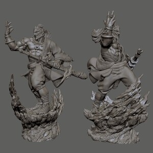 May include: Two gray statues of a warrior in dynamic poses. The figures are muscular, wearing detailed clothing, and holding weapons. They stand on textured bases with flame-like details, suggesting action and power.