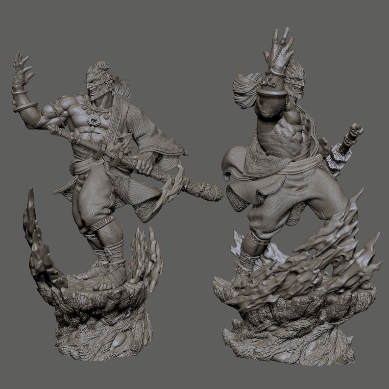 May include: Two gray statues of a warrior in dynamic poses. The figures are muscular, wearing detailed clothing, and holding weapons. They stand on textured bases with flame-like details, suggesting action and power.