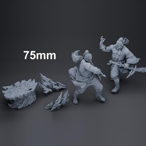 May include: A gray 3D-printed miniature set featuring two figures in dynamic poses, one wielding a weapon. The set includes rock-like terrain elements and is approximately 75mm in height. The figures are detailed and appear to be in the midst of combat.