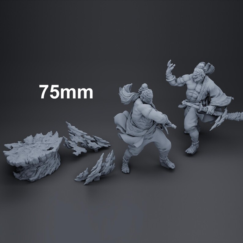 May include: A gray 3D-printed miniature set featuring two figures in dynamic poses, one wielding a weapon. The set includes rock-like terrain elements and is approximately 75mm in height. The figures are detailed and appear to be in the midst of combat.