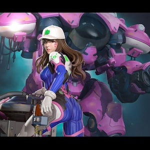 May include: Digital illustration of a character in a blue and pink bodysuit, white gloves, and a white cap with a green logo. A large pink and black robot is in the background. The character is holding a tool.