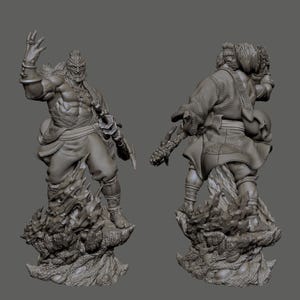 May include: A detailed gray sculpture of a muscular warrior figure, posed dynamically with a weapon. The figure stands atop a textured base resembling flames and rock. The image shows the front and back of the figure.