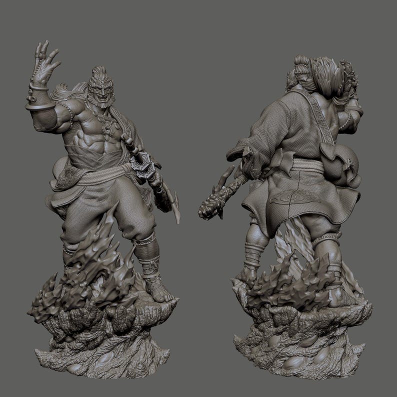 May include: A detailed gray sculpture of a muscular warrior figure, posed dynamically with a weapon. The figure stands atop a textured base resembling flames and rock. The image shows the front and back of the figure.