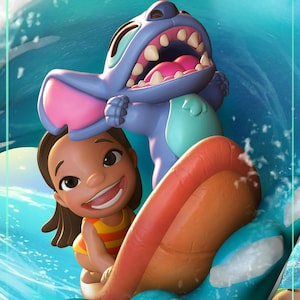 May include: A vibrant illustration features Lilo and Stitch from Disney's Lilo & Stitch. Lilo is in a yellow and orange striped swimsuit, and Stitch is in a blue and pink color scheme. They are on a surfboard in a wave.