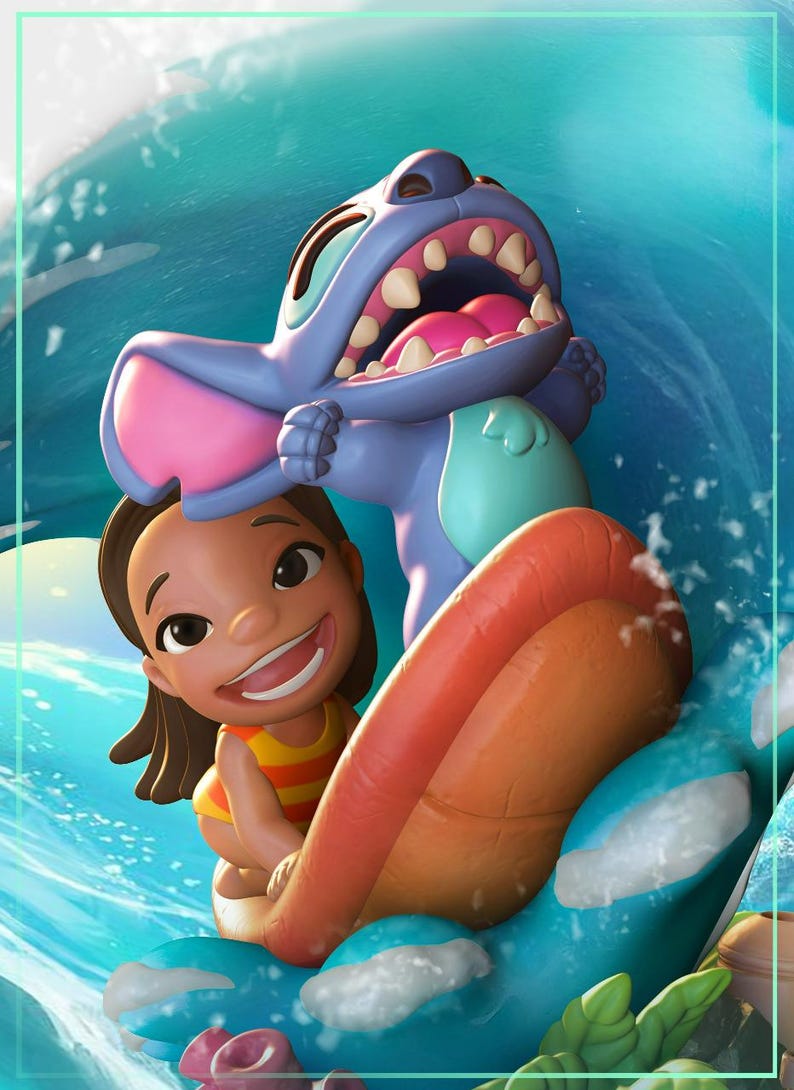 May include: A vibrant illustration features Lilo and Stitch from Disney's Lilo & Stitch. Lilo is in a yellow and orange striped swimsuit, and Stitch is in a blue and pink color scheme. They are on a surfboard in a wave.