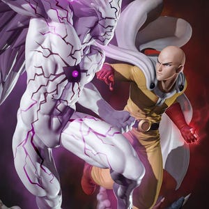Könnte beinhalten: Digitale Illustration von zwei Charakteren aus der Anime-Serie One-Punch Man. Einer ist ein kahler Mann in einem gelben Overall, der andere eine weiße, muskulöse Figur mit lila Energieeffekten. Der Hintergrund ist dunkel.