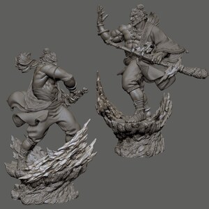 May include: Two detailed gray sculptures of figures in dynamic poses. One figure is wielding a sword, the other is holding a staff and bow. Both figures are standing on textured, stylized bases, suggesting action and movement. The sculptures have intricate details.