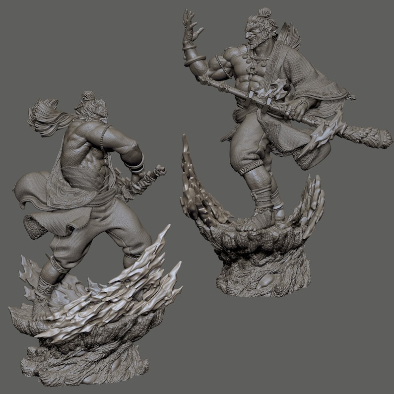 May include: Two detailed gray sculptures of figures in dynamic poses. One figure is wielding a sword, the other is holding a staff and bow. Both figures are standing on textured, stylized bases, suggesting action and movement. The sculptures have intricate details.