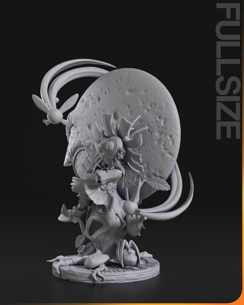 May include: A detailed, gray 3D-printed figurine of a whimsical creature. The figure has a large, textured head with a smiling face, adorned with leaf-like features and a fairy-like accessory. The base is circular, and the word "FULLSIZE" is printed on the side.