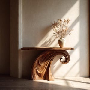 Mesa de console de madeira com base escultural, mesa de entrada em madeira maciça para corredor.