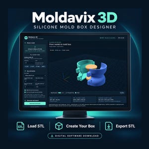May include: A computer monitor displaying the Moldavix 3D silicone mold box designer software interface. The screen shows a 3D model of a small table surrounded by teal and blue mold segments, with various settings, text, and buttons visible.