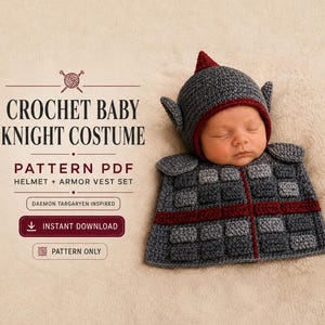 May include: A crochet baby knight costume pattern PDF featuring a helmet and armour vest set. The text reads: CROCHET BABY KNIGHT COSTUME, PATTERN PDF, HELMET + ARMOUR VEST SET, DAEMON TARGARYEN INSPIRED, INSTANT DOWNLOAD, PATTERN ONLY. A baby wears the grey and red set.