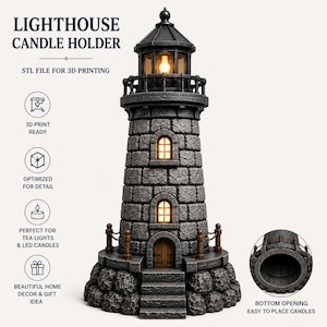 May include: A gray stone lighthouse candle holder with a dark roof, a lantern room with a warm light, two arched windows, and a wooden door. The structure features a bottom opening for candles and text including LIGHTHOUSE CANDLE HOLDER.
