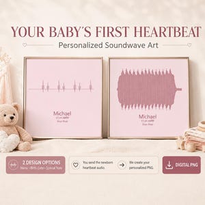 Puede incluir: Dos impresiones cuadradas enmarcadas con fondos rosas y gráficos de ondas sonoras en rosa oscuro. El texto dice YOUR BABY'S FIRST HEARTBEAT, Personalized Soundwave Art, Michael, 17.11.1986, Your Note, 2 DESIGN OPTIONS y DIGITAL PNG.