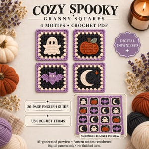 May include: A digital crochet pattern guide titled COZY SPOOKY GRANNY SQUARES featuring 4 motifs: a ghost, pumpkin, bat, and moon. The PDF includes a 20-page English guide with US crochet terms and a preview of an assembled blanket made of squares.