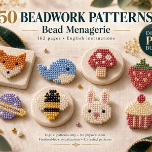 Może przedstawiać: Cyfrowy pakiet PDF zatytułowany 50 Beadwork Patterns Bead Menagerie zawierający 162 strony instrukcji w języku angielskim. Obraz przedstawia osiem motywów z koralików: lisa, wieloryba, grzyba, truskawkę, planetę, pszczołę, królika i babeczkę.