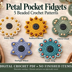 Pärlformade Fidget Virkmönster Bundle, 5 Blom- & Stjärnmönster, Kronbladsfickor Fidgets, Engelska PDF