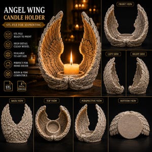 May include: A candle holder shaped like angel wings, with a central circular space for a candle. The wings are detailed with feather textures and have a neutral color. The image includes views from different angles, and text that says "ANGEL WING CANDLE HOLDER".