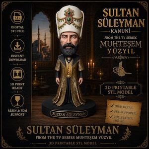 Może przedstawiać: Model STL do druku 3D sułtana Sulejmana z serialu telewizyjnego Muhteşem Yüzyıl. Postać ma na sobie złotą i czarną szatę oraz biały turban z zielonymi akcentami. Obraz zawiera tekst z napisami "Plik STL cyfrowy", "Natychmiastowe pobieranie" i "Gotowy do druku 3D".