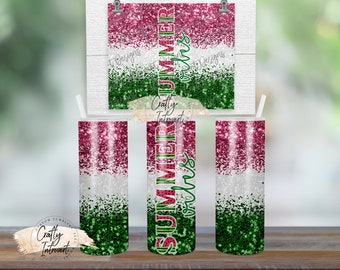 Summer Vibes Watermeloen Glitter PNG | Set van 4 ontwerpen | Sublimatie digitaal bestand voor 20oz tuimelaars | PNG | Waterglijbaan | Geen fysiek item