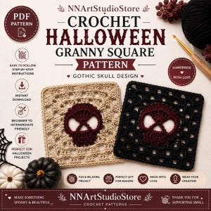 May include: A digital crochet pattern for a Halloween granny square featuring a gothic skull design. The image displays two finished square samples, one in beige and one in black, both with a dark red skull motif, alongside a crochet hook.