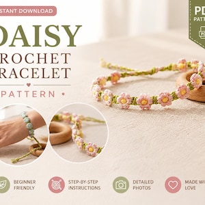 Daisy Crochet Bracelet Pattern PDF Flower Bracelet Crochet Pattern Crochet Jewelry Pattern Beginner Crochet Bracelet Instant Download