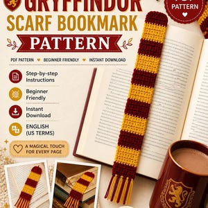 Peut inclure: Un modèle au crochet pour un marque-page écharpe Gryffondor avec des rayures alternées bordeaux et or et des franges. Le texte indique Crochet Gryffindor Scarf Bookmark Pattern, PDF Pattern, Beginner Friendly, Instant Download et Step-by-step Instructions.