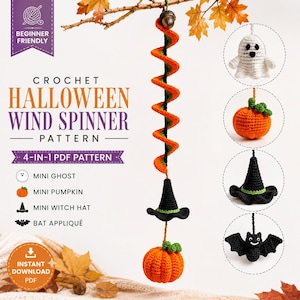 May include: A 4-in-1 crochet Halloween wind spinner pattern featuring a spiral design in orange and black. The set includes instructions for a white ghost, an orange pumpkin, a black witch hat with a green band, and a black bat appliqué.