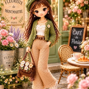 May include: A crochet doll with long brown hair wearing a green beret, a green cardigan, a white top, and tan trousers. The doll carries a brown fringed handbag decorated with white and yellow flowers and wears white sneakers with laces.