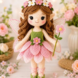 May include: A crocheted fairy doll with brown hair, a flower crown, and pointed ears. The doll wears a green bodice and a layered pink petal skirt, holding a single pink flower. It has light skin, black eyes, and pink cheeks, with white wings.