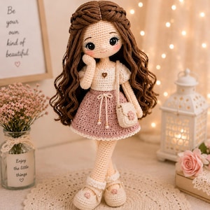 Crochet Doll Pattern Amigurumi PDF | Rosie Sweet Girl Doll Tutorial | Wavy Hair French Braid Clothes | Cute Stuffed Toy Digital Download