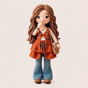 Virkat dockmönster, Amigurumi-flicka PDF, Boho-virkmönster, Flerskiktat väst med klockbyxor, ZeenyaCraft Boho Wanderer Guide
