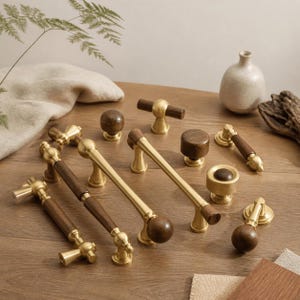 Black Walnut Brass Cabinet Knobs | Mid-Century Modern Drawer Pulls | Vintage Japandi Kitchen Hardware