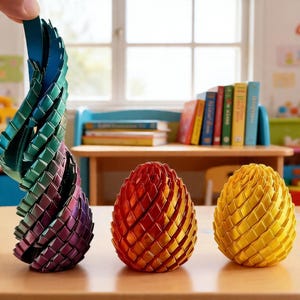 Könnte beinhalten: Drei dekorative, eiförmige Skulpturen in leuchtenden Farben. Eine wird gehalten und zeigt ein Spiralmuster mit Blau-, Grün- und Lilatönen. Zwei weitere stehen auf einem Tisch, eine rot und orange, die andere gelb, alle mit einem gewebten Muster.