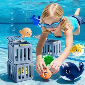 May include: A child in blue swimwear and goggles plays with floating toy sea creatures in a swimming pool. The toys include a blue shark, a yellow pufferfish, an orange clownfish, a beige fish, a green turtle, and a blue whale. There are also two grey crates.